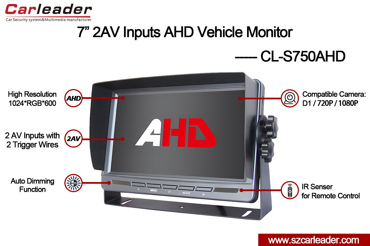 Monitor de marcha atrás 2AV AHD de 7 pulgadas para camión