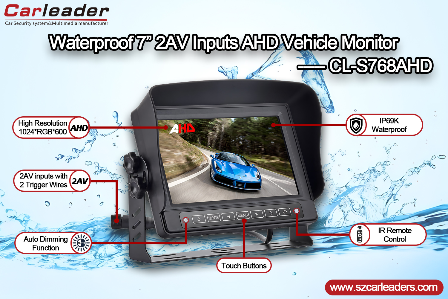 Monitor de coche impermeable AHD IP69K de 7 pulgadas