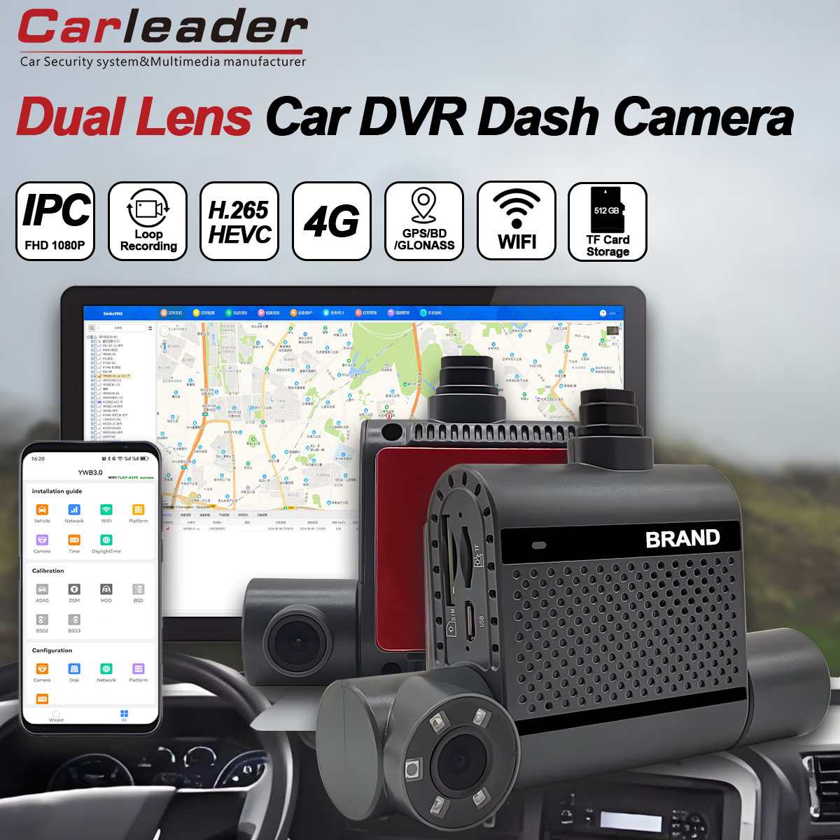 Cámara de salpicadero DVR para coche de doble lente 1080P