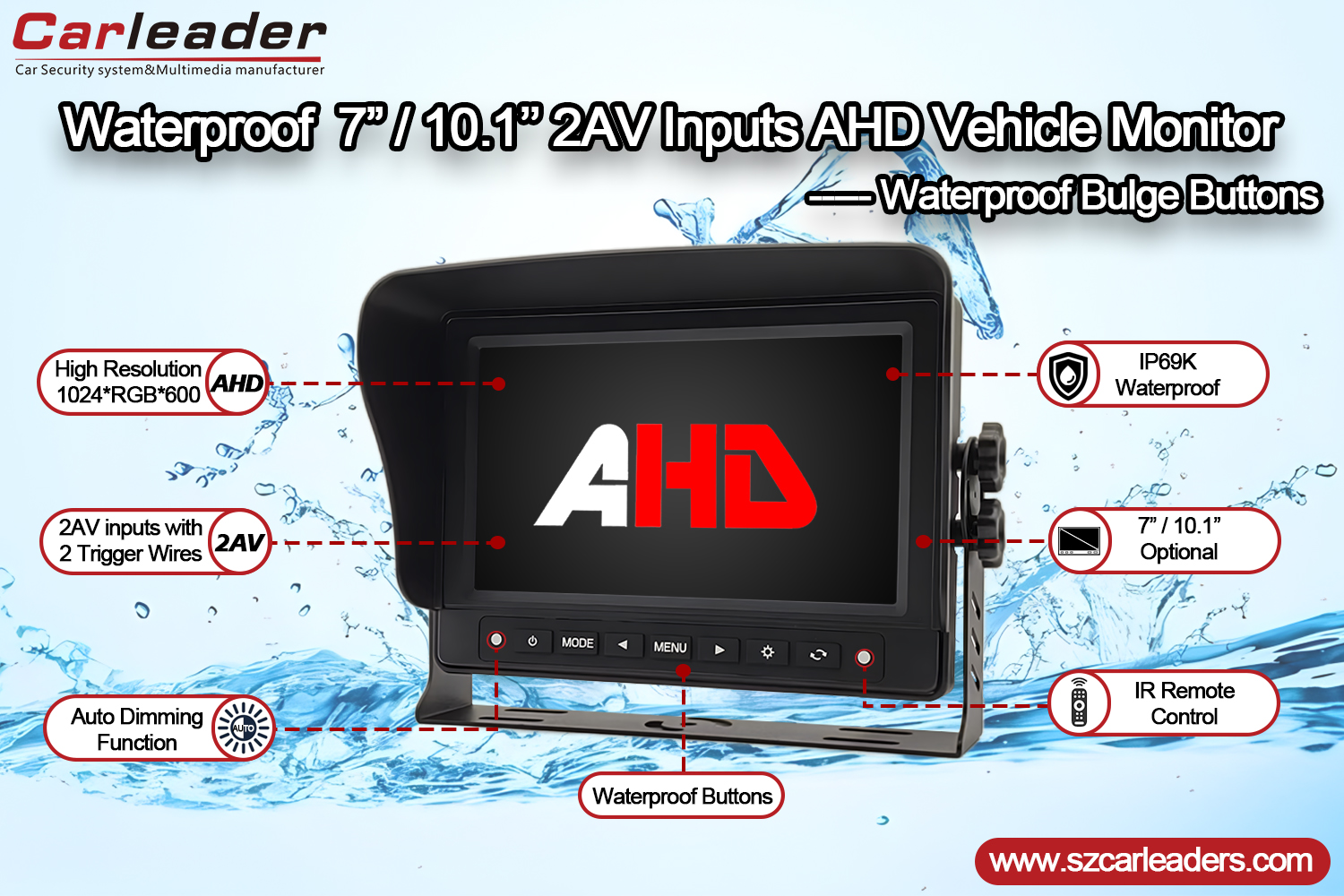 Monitor impermeable de visión trasera de coche AHD IP69K de 7 pulgadas