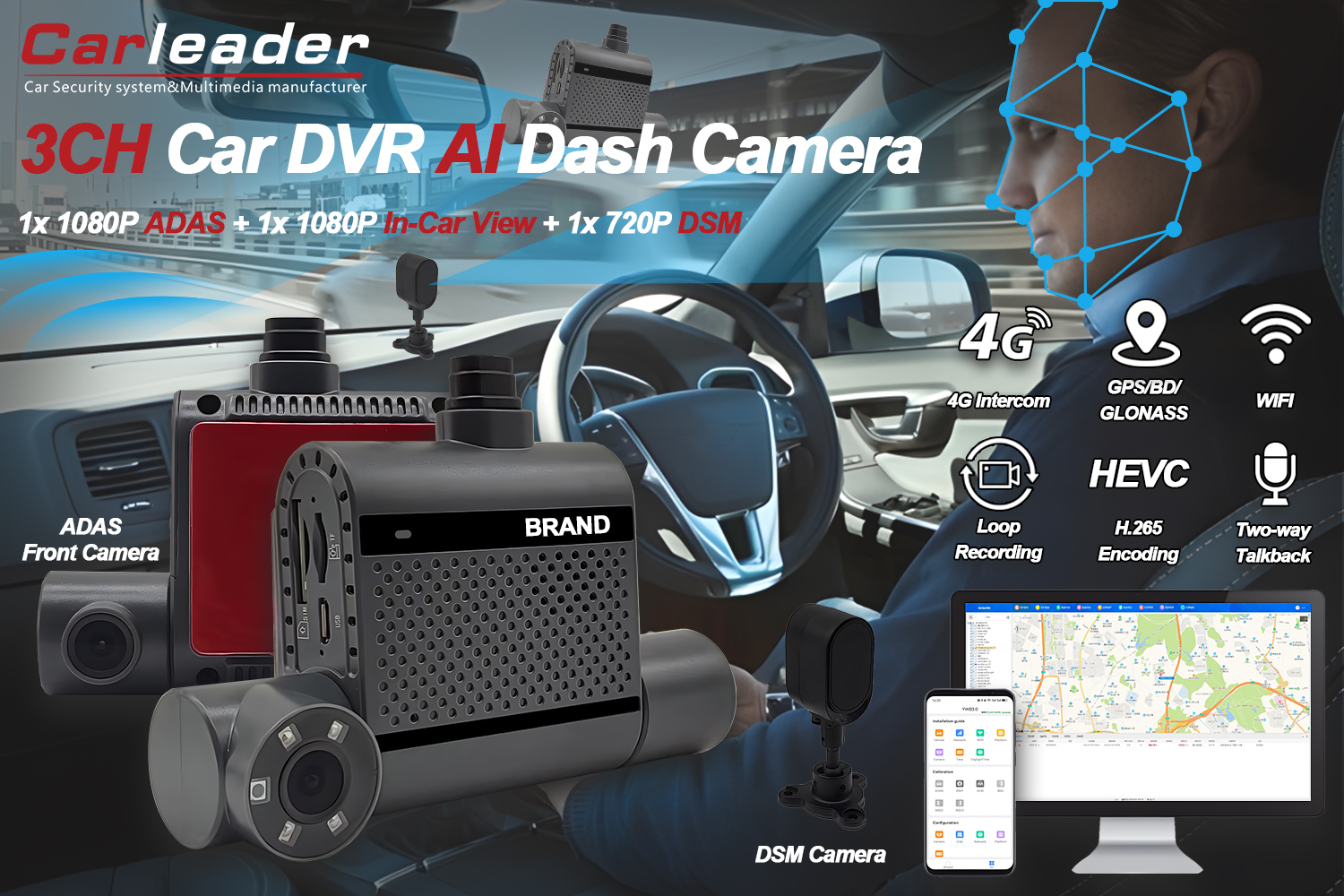 Cámara de tablero dual AI 4G con ADAS y DSM