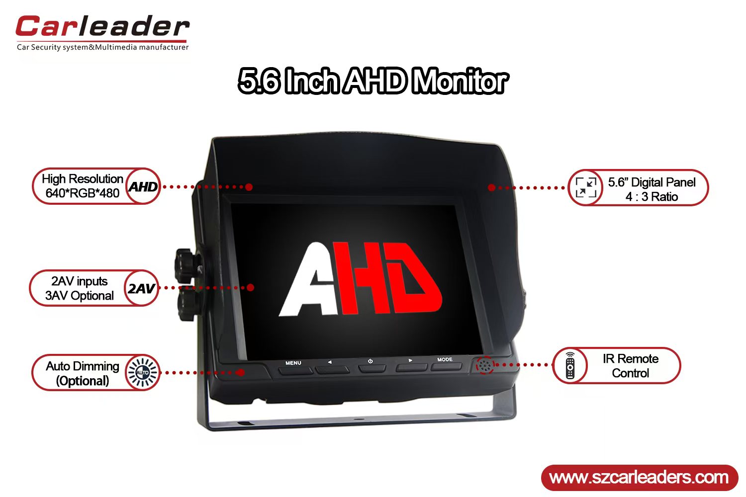Nuevo monitor de vista trasera de montaje en el tablero AHD de 5.6 pulgadas
