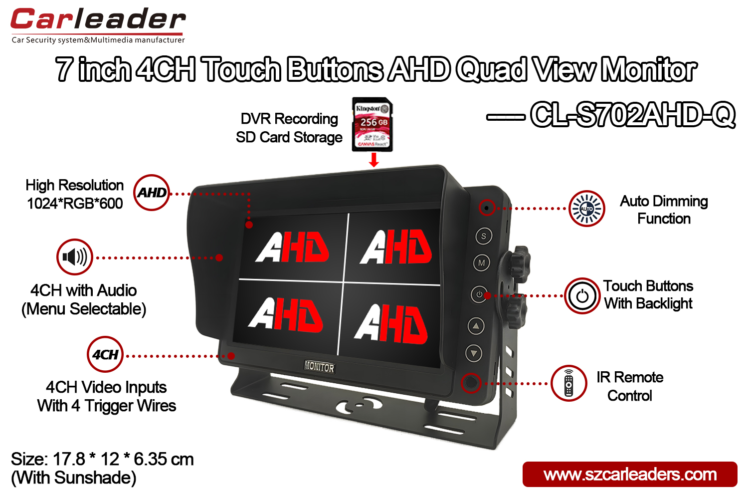 Monitor de vista trasera del automóvil de 7 pulgadas con botones táctiles