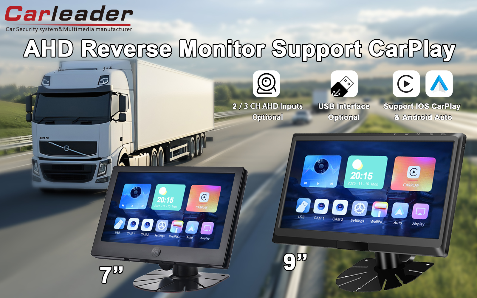 Monitor de vehículo Carleader IPS 2AV AHD de 9 pulgadas compatible con CarPlay Multimedia: su puerta de entrada a una conducción más inteligente y segura
