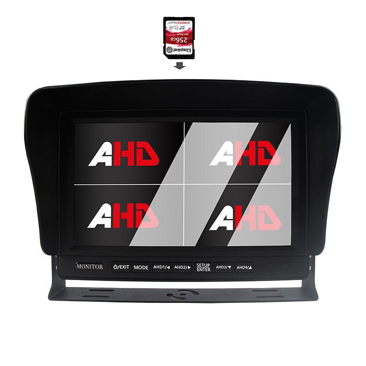 Monitor AHD de grabación de vídeo para camión con pantalla cuádruple de 9 pulgadas